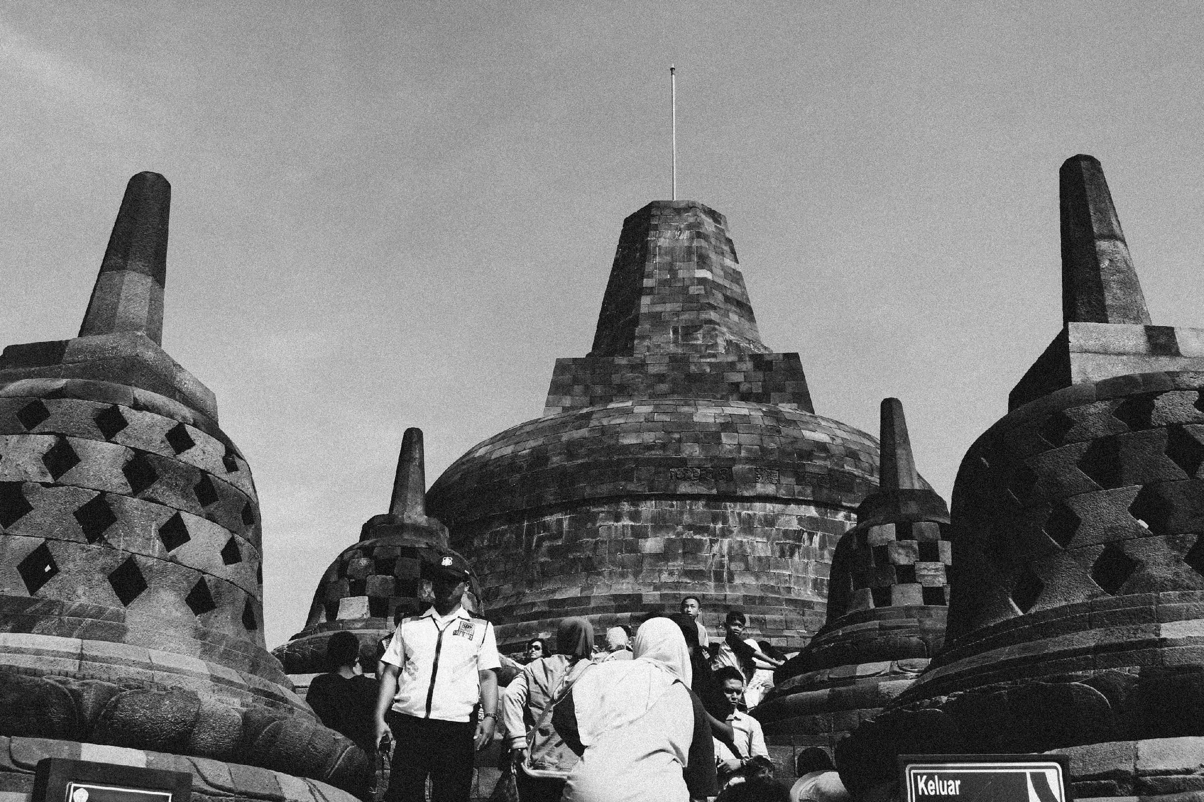 Borobudur Temple and its stone terraces and stupas in Central Java, Indonesia.